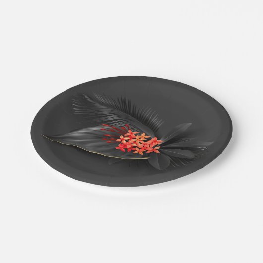 Tropische zwarte bladeren en rode bloemen papieren bordje (Gekanteld)