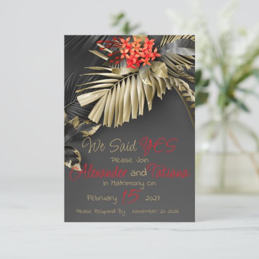 Tropische zwarte en gouden bladeren Bewaar de datu Save The Date (Staand voorkant)