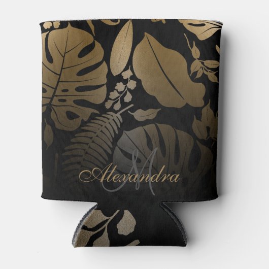 Tropische zwarte en gouden bladeren blikjeskoeler (Voorkant)