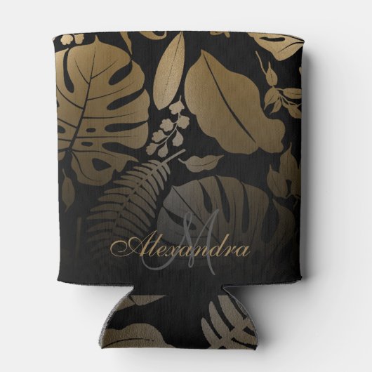 Tropische zwarte en gouden bladeren blikjeskoeler (Achterkant)