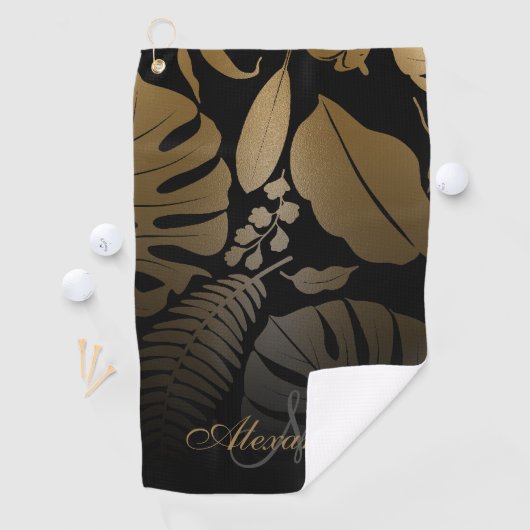 Tropische zwarte en gouden bladeren golfhanddoek (Insitu)