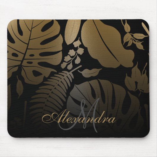 Tropische zwarte en gouden bladeren muismat (Voorkant)