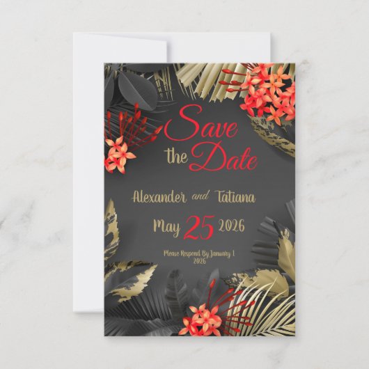 Tropische zwarte en gouden bladeren op donkere ach save the date (Voorkant)