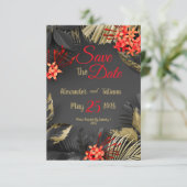 Tropische zwarte en gouden bladeren op donkere ach save the date (Staand voorkant)
