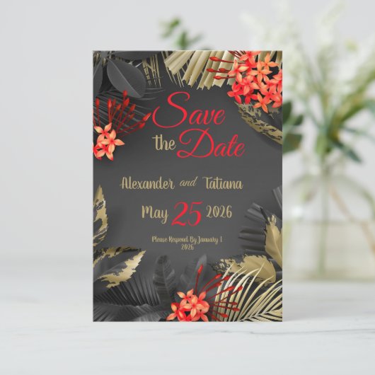 Tropische zwarte en gouden bladeren op donkere ach save the date (Staand voorkant)