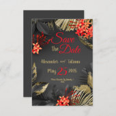 Tropische zwarte en gouden bladeren op donkere ach save the date (Voorkant / Achterkant)