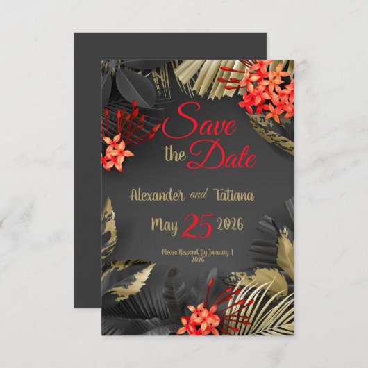 Tropische zwarte en gouden bladeren op donkere ach save the date (Voorkant / Achterkant)