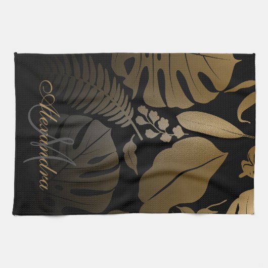 Tropische zwarte en gouden bladeren theedoek (Horizontaal)