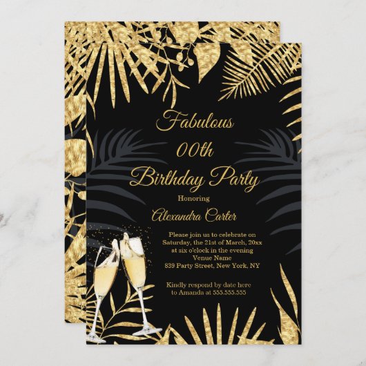 Tropische zwarte goudpalms Champagne Birthday Part Kaart (Voorkant / Achterkant)