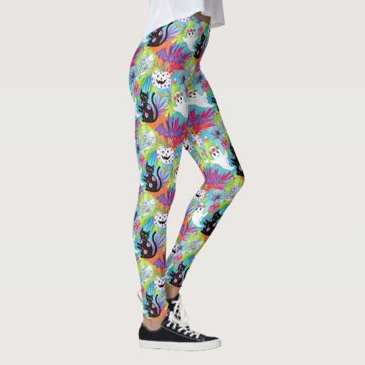 Tropische Zwarte Kat Geest Pompoen Halloween Leggings (Rechts)
