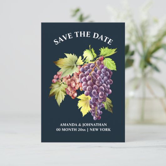 Tros rode wijnmakerij wijngaard bruiloft blauw save the date (Staand voorkant)