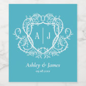 Trosroos Turquoise Monogram Wapenschild Bruiloft Wijn Etiket (Enkel label)