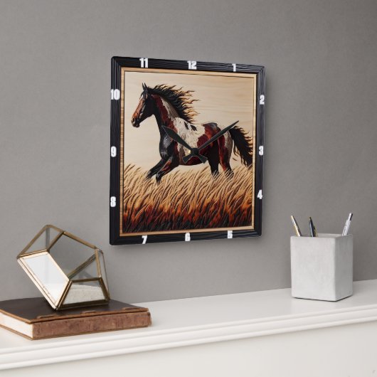 Trot Paint: Custom Wood Field Sun Vierkante Klok (Kantoor)