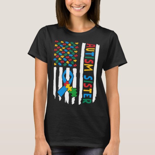 Trots Autisme Zuster USA Vlag Puzzel Stuk Autisme  T-shirt (Voorkant)