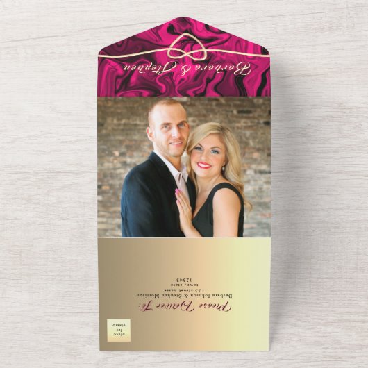 Trots Fuchsia Goud Foto Trouw Uitnodiging (Buitenkant)