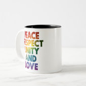 Trots Vrede Respecteer Eenheid en Liefde Tweekleurige Koffiemok (Voorkant links)