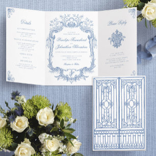 Trotse Blauwe Elegante Poort Trouwfeest Drieluik Uitnodiging