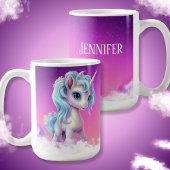 Trotse Eenhoorn op wolken, roze hemel, sterren & n Koffiemok