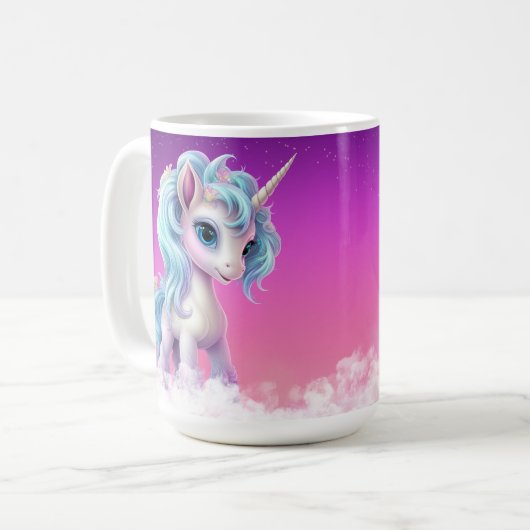 Trotse Eenhoorn op wolken, roze hemel, sterren & n Koffiemok (Voorkant links)