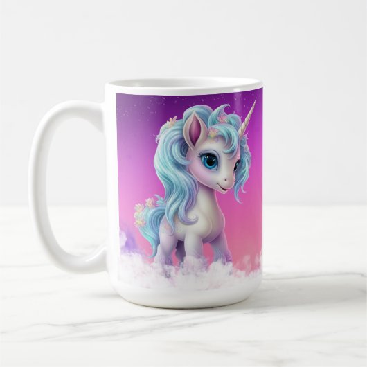 Trotse Eenhoorn op wolken, roze hemel, sterren & n Koffiemok (Links)