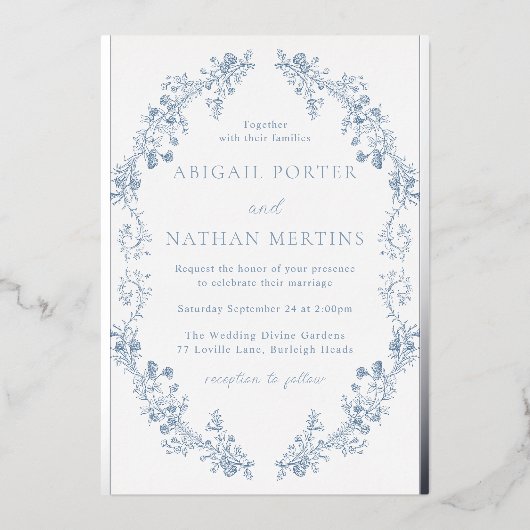 Trotse Elegante Blauwe & Zilveren Trouw Folie Uitnodiging (Voorkant)