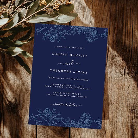 Trotse Elegante Navy Bloemige Blad Bruiloft Kaart