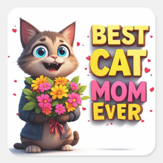 Trotse Kattenmoeder Met Mooie Bloem Kitty 🐱 Vierkante Sticker (Voorkant)