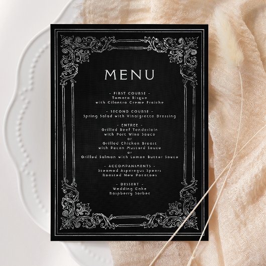 Trotse lijst zwart zilveren bruiloftsmenu menu