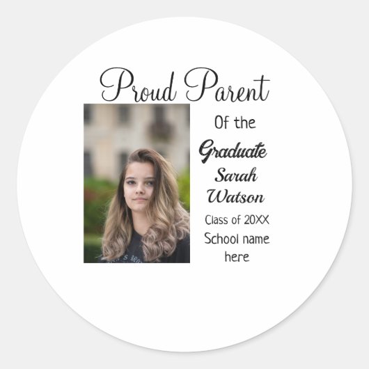Trotse ouder afstuderen Voeg foto toe Naam Klasse  Ronde Sticker (Voorkant)