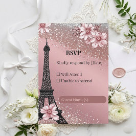 Trotse Paris Blozende Roze Zilver Glitter Bruiloft RSVP Kaartje