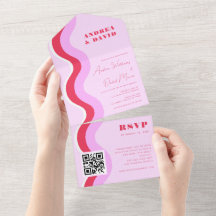 Trotse Retro Golven Roze & Rode QR Code RSVP Trouw