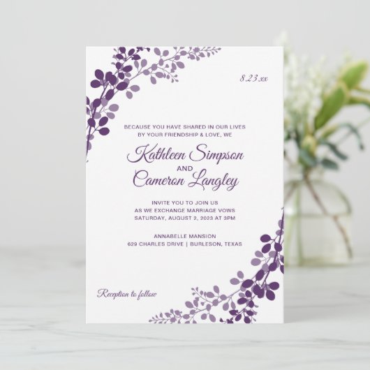 Trotse Wijnstok Bruiloft Uitnodiging -Pruim / Paar (Staand voorkant)