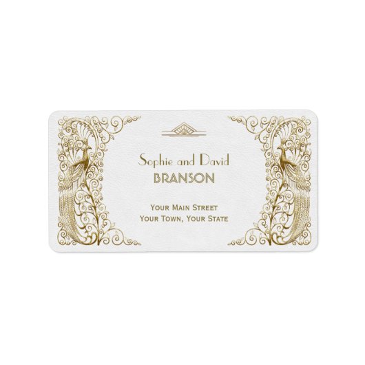 Trotse Witte Goud Art Deco Pauw Huwelijk Etiket (Voorkant)