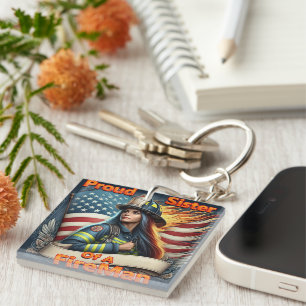 Trotse zus van een brandweerman ongerustheid sleutelhanger