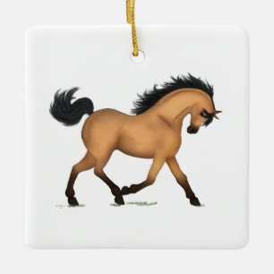 Trotting Buckskin Dun Horse Persoonlijke Kerstmis Keramisch Ornament
