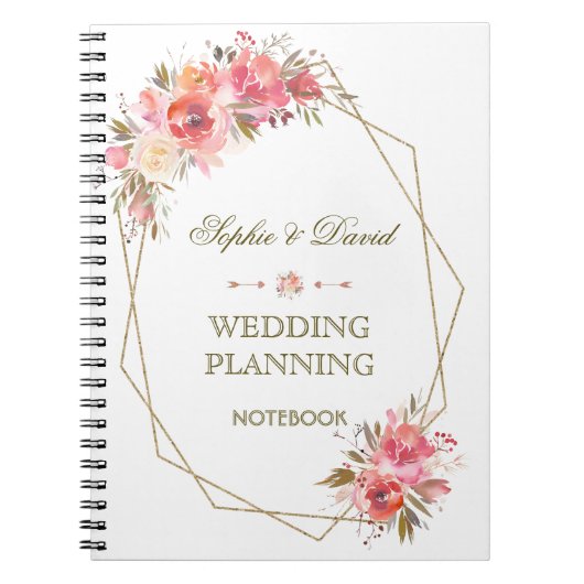 Trouhoudplan met roze bloemen en gouden glitters notitieboek (Voorkant)