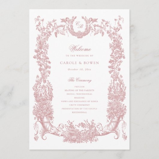 Trousseau Bloemenframe Wijnranken Toile Roze Trouw Programmakaart (Voorkant)