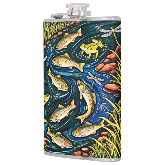 Trout Stream Harmony - Folk Art Vis, Kikkers Heupfles (Links)