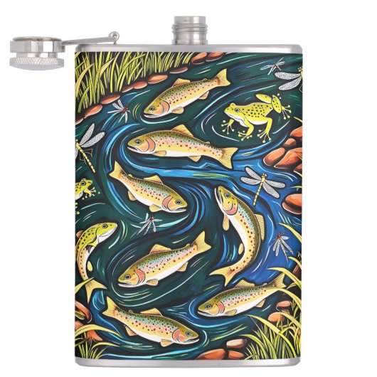 Trout Stream Harmony - Folk Art Vis, Kikkers Heupfles (Geopend)