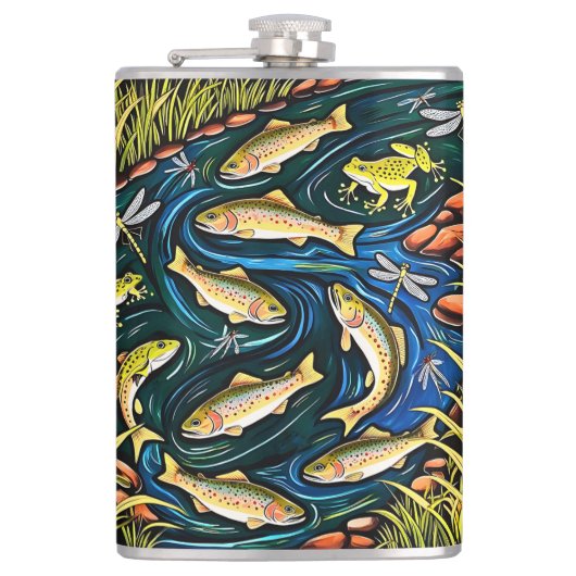 Trout Stream Harmony - Folk Art Vis, Kikkers Heupfles (Voorkant)