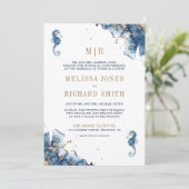 Troutse Navy Monogram Zeepaard QR Code Trouwkaart Kaart (Staand voorkant)