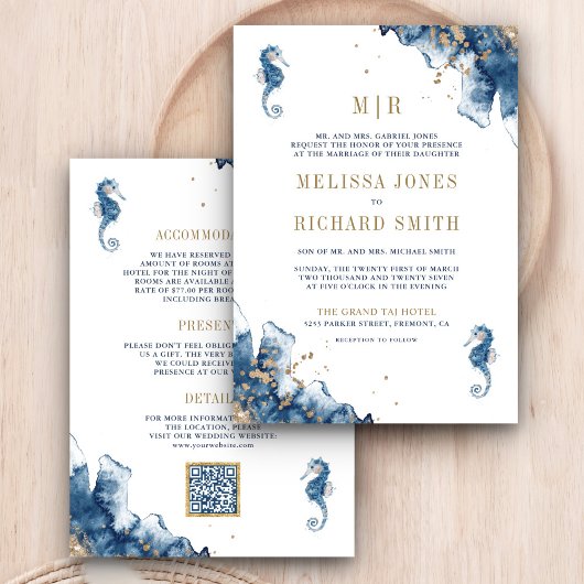 Troutse Navy Monogram Zeepaard QR Code Trouwkaart Kaart