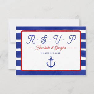 Troutse Scheepsblauw Aquarel Strepen Bruiloft RSVP Kaartje