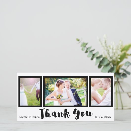 Trouw 3 Foto Afbeelding Zwart Modern Dank Je Bedankkaart (Staand voorkant)