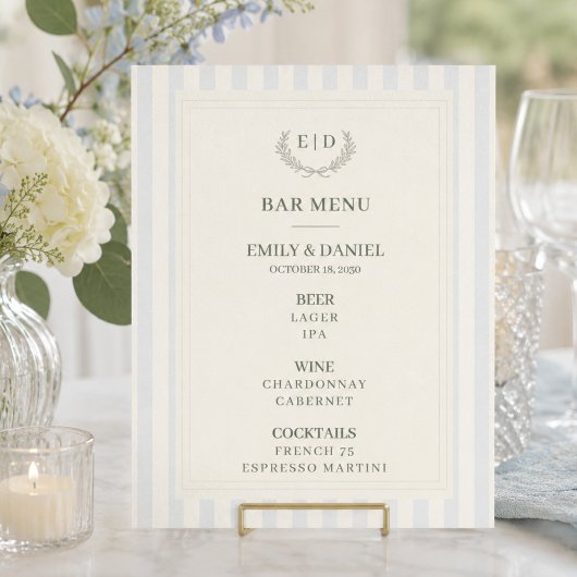 Trouw Bar Menu Blauw & Salie Gestreepte Monogram Poster