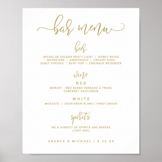 Trouw Bar Menu Bord - Bounce Script (Plat Goud) Poster (Voorkant)