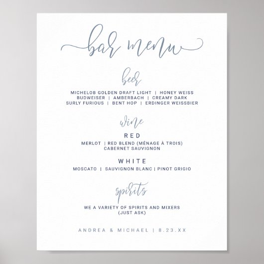 Trouw Bar Menu Bord - Bounce Script (Stofblauw) Poster (Voorkant)