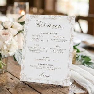 Trouw Bar Menu met Vintage Bloemenprint in Beige e Reclamebord Met Voetstuk