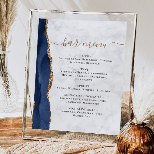 Trouw Bar Menu Navy Blauwe Agate Marmer Poster