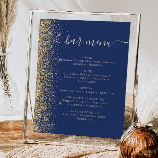 Trouw Bar Menu Navy Blauwe Gouden Glitters Poster